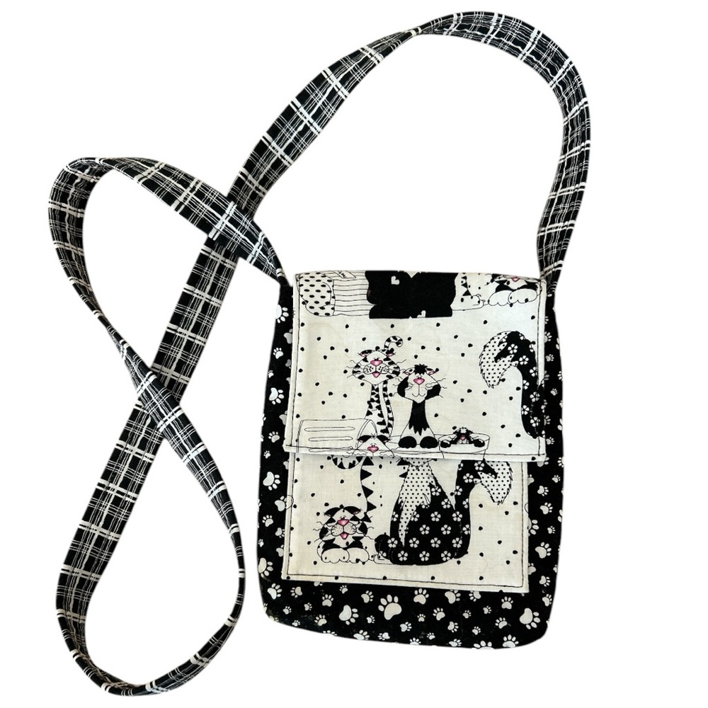 Black White Cat Kitten Paw Print Polka Dots Crossbody Purse Bag